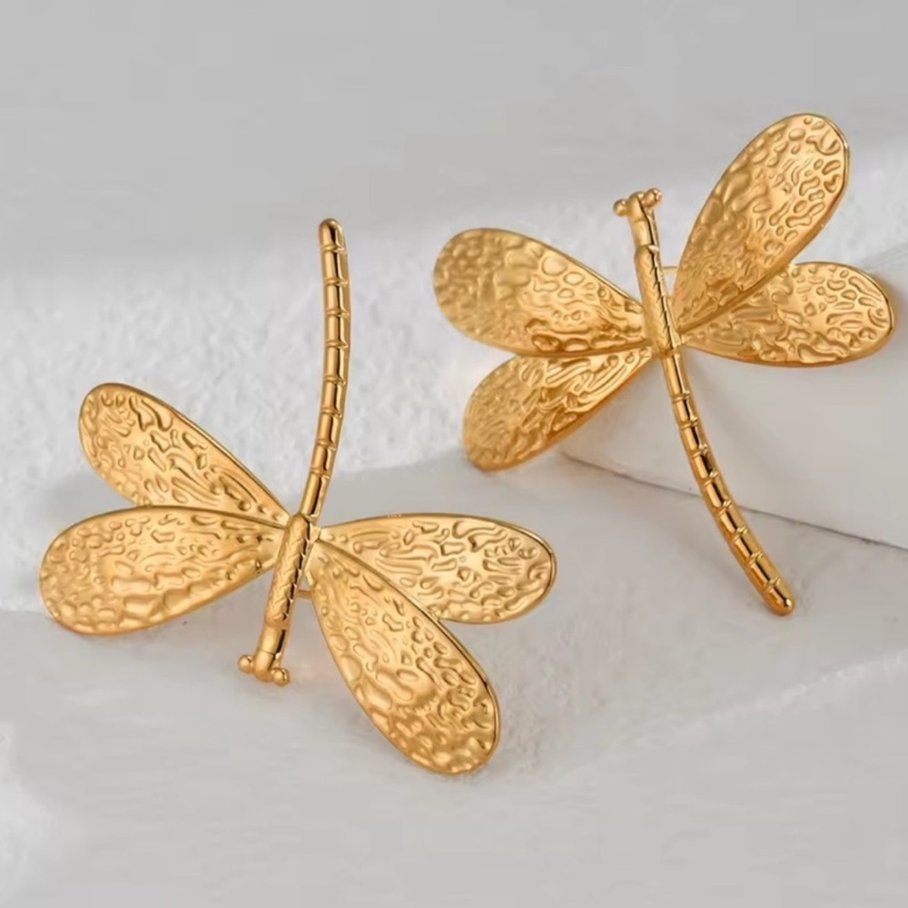 Gold Dragonfly Stud Earrings - Picture 6 of 8